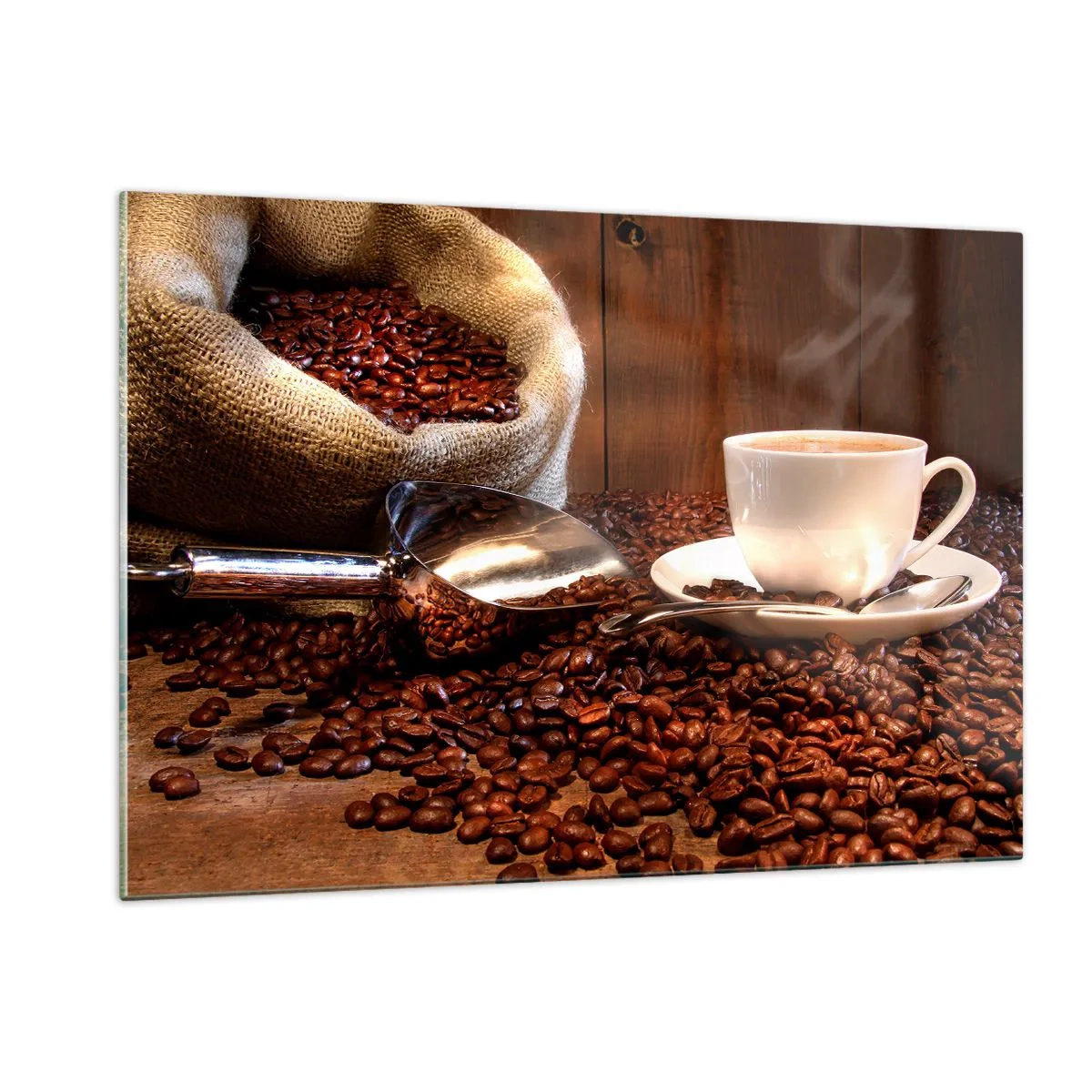 Cuadro sobre vidrio - Impresiones sobre Vidrio - Una taza de café sobre un fondo de frijoles y una bolsa de yute. - 120x80cm - ¿Hueles eso? - Decoración de pared moderna para salón y dormitorio ARTTOR