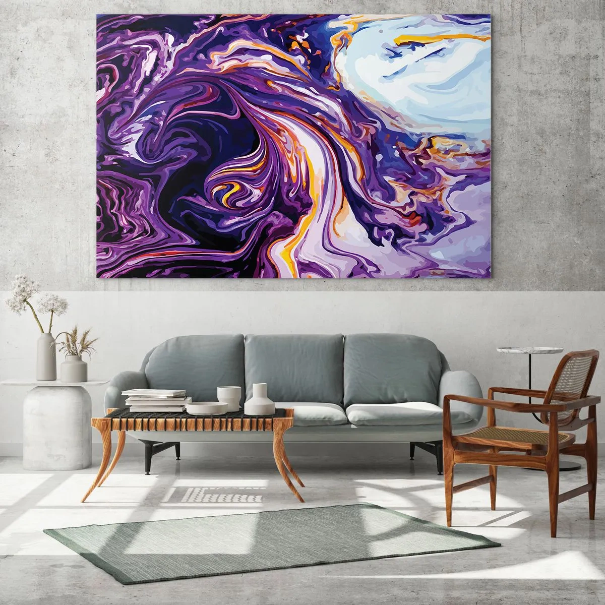 Cuadro sobre vidrio - Impresiones sobre Vidrio - Patrón abstracto en tonos morados y blancos con líneas dinámicas. - 70x50cm - Una curva en el violeta - Decoración de pared moderna para salón y dormitorio ARTTOR