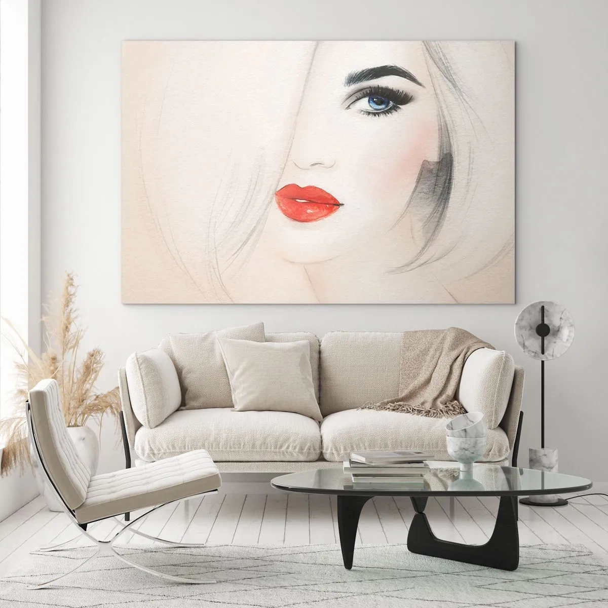 Cuadro sobre vidrio - Impresiones sobre Vidrio - Retrato de una mujer con cabello claro, labios rojos y ojos azules. - 120x80cm - Hipnotiza y embriaga - Decoración de pared moderna para salón y dormitorio ARTTOR