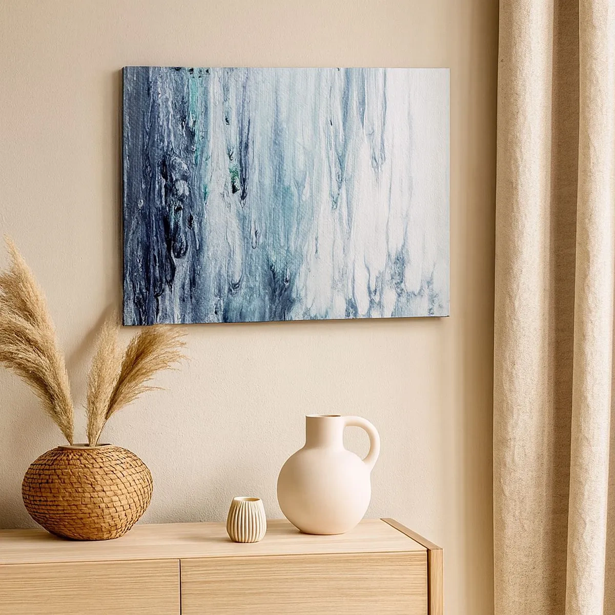 Cuadro sobre lienzo - Impresión de Imagen - Rayas abstractas azules y blancas que se asemejan a carámbanos - 70x50cm - Carámbanos de azul - Decoración de pared moderna para salón y dormitorio ARTTOR