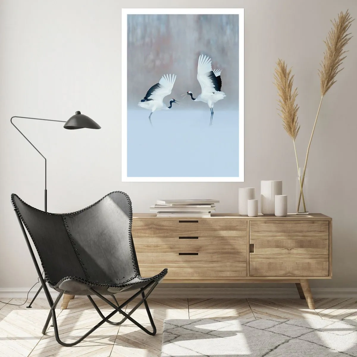 Póster - Grullas danzantes con el telón de fondo de un paisaje invernal - 50x70cm - Danza en la niebla - Decoración de pared moderna para salón y dormitorio ARTTOR