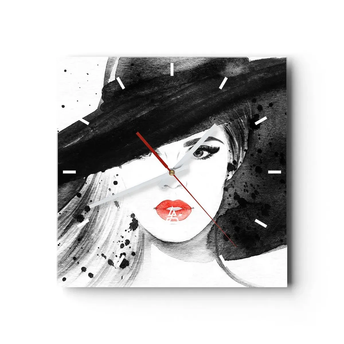 Reloj de pared - Reloj de vidrio - Retrato de una mujer con sombrero y labios rojos. - 30x30cm - Dama de negro - Decoración de pared moderna para salón y dormitorio ARTTOR