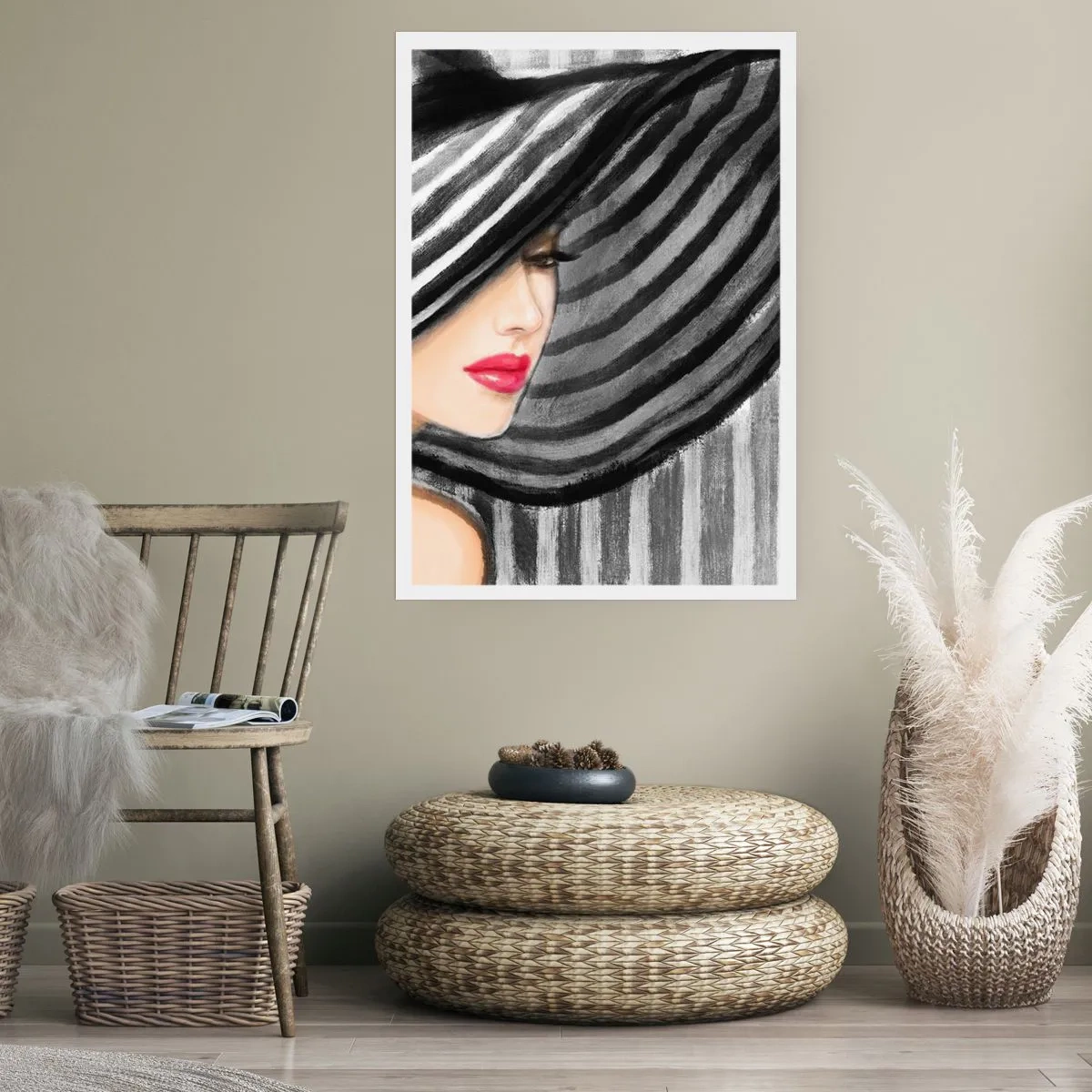 Póster - Una mujer con un sombrero ancho y labios rojos. - 50x70cm - ¿Dónde puedo encontrarte? - Decoración de pared moderna para salón y dormitorio ARTTOR