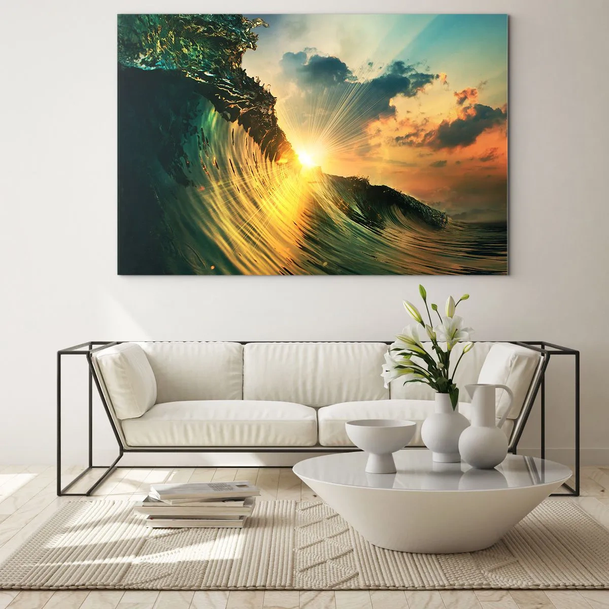 Cuadro sobre vidrio - Impresiones sobre Vidrio - El sol poniente iluminando las olas del océano. - 70x50cm - Surfer, ¿dónde estás? - Decoración de pared moderna para salón y dormitorio ARTTOR