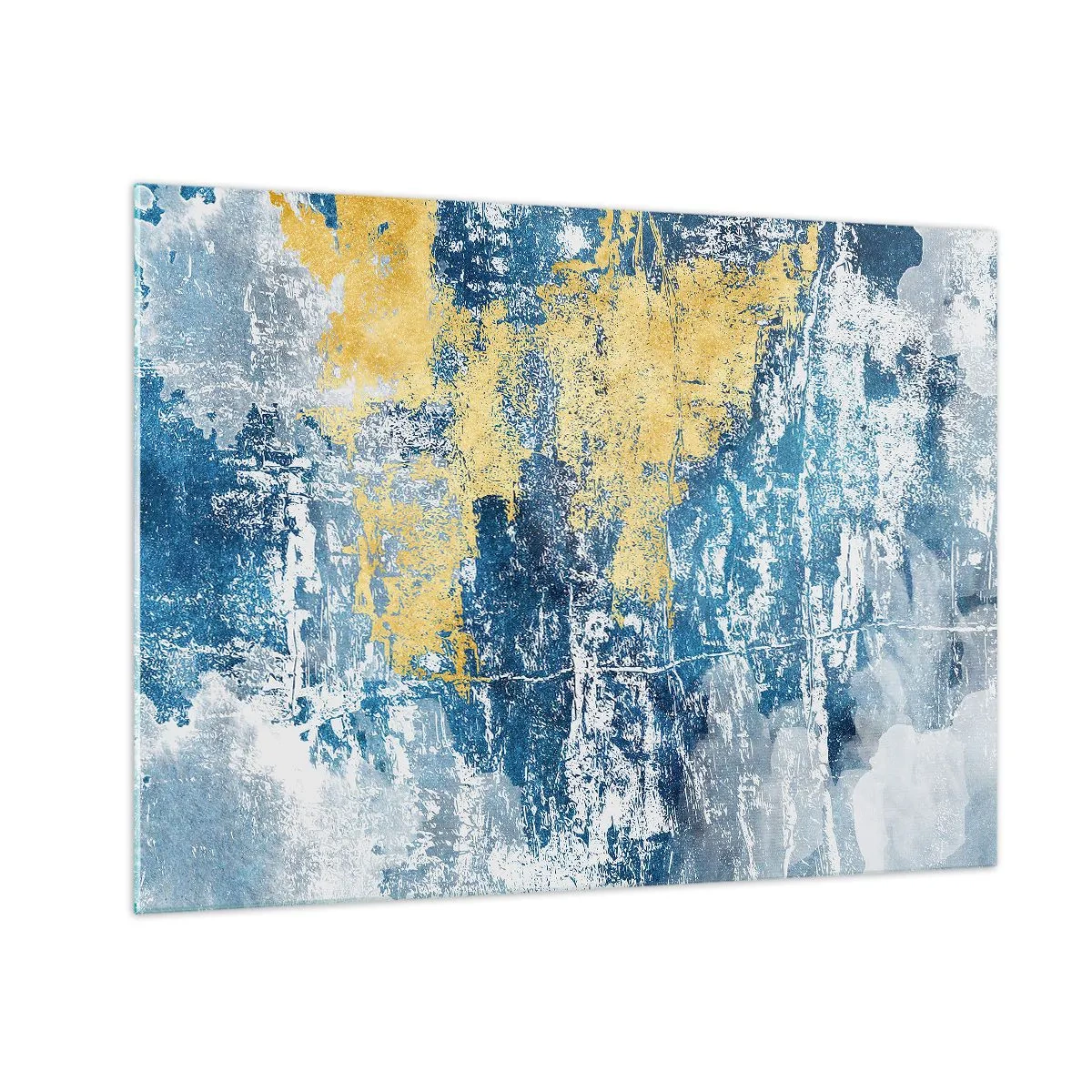 Cuadro sobre vidrio - Impresiones sobre Vidrio - Abstracción azul y amarilla con efecto desgastado y texturizado. - 70x50cm - Una abstracción serena - Decoración de pared moderna para salón y dormitorio ARTTOR