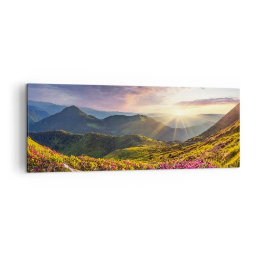 Cuadro sobre lienzo - Impresión de Imagen - Paisaje de montaña con rododendros en flor - 140x50cm - La frescura de una mañana de montaña - Decoración de pared moderna para salón y dormitorio ARTTOR