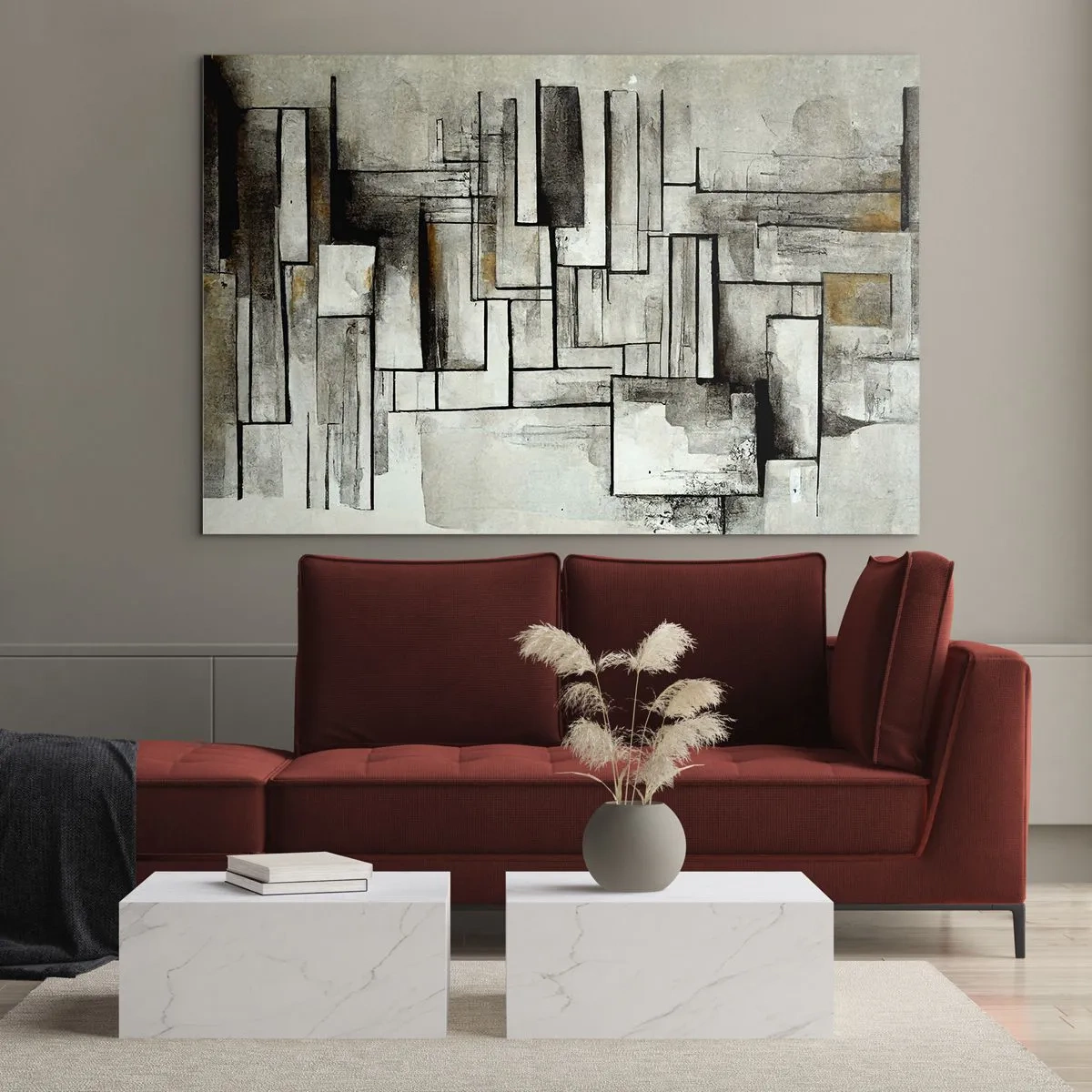 Cuadro sobre vidrio - Impresiones sobre Vidrio - Composición geométrica de rectángulos en tonos grises tenues. - 70x50cm - El poder de la sencillez - Decoración de pared moderna para salón y dormitorio ARTTOR
