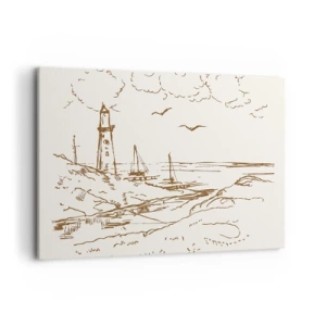 Cuadro sobre lienzo - Impresión de Imagen - Boceto de un faro con vistas al mar - 120x80cm - Un esbozo de un recuerdo de verano - Decoración de pared moderna para salón y dormitorio ARTTOR