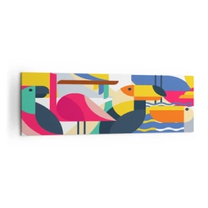 Cuadro sobre lienzo - Impresión de Imagen - Pájaros coloridos en una composición geométrica abstracta - 160x50cm - Fiesta de las aves - Decoración de pared moderna para salón y dormitorio ARTTOR