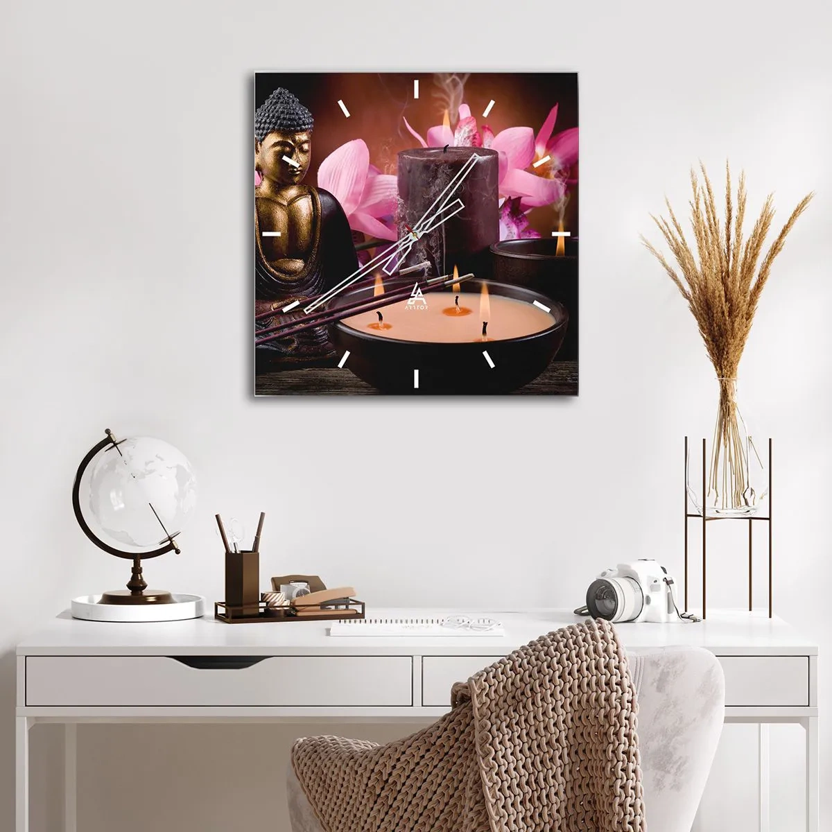 Reloj de pared - Reloj de vidrio - Figura de Buda con velas encendidas y varillas de incienso. - 30x30cm - Despejar la mente, calmar el cuerpo - Decoración de pared moderna para salón y dormitorio ARTTOR