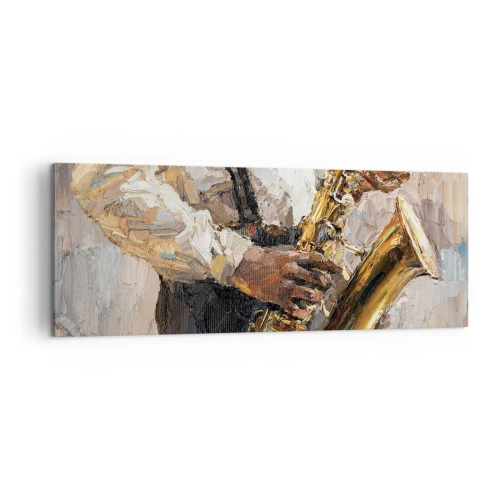 Cuadro sobre lienzo - Impresión de Imagen - Un músico tocando el saxofón con un estilo artístico. - 140x50cm - Llegó el momento del solo - Decoración de pared moderna para salón y dormitorio ARTTOR
