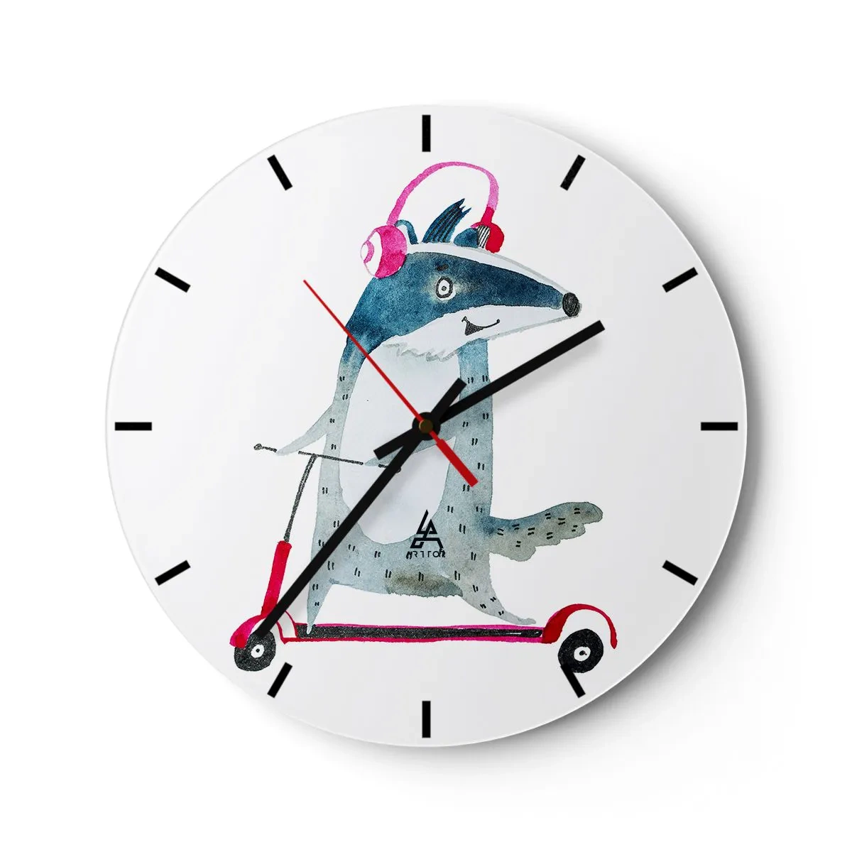Reloj de pared - Reloj de vidrio - Tejón con auriculares en un scooter al estilo de una ilustración infantil. - 30x30cm - Alegrías de tejón - Decoración de pared moderna para salón, cocina y dormitorio ARTTOR
