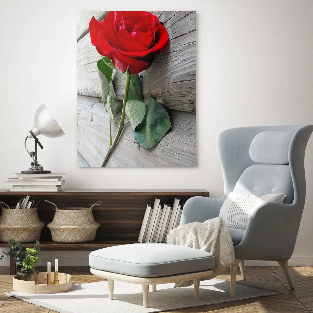 Cuadro sobre vidrio - Impresiones sobre Vidrio - Rosa roja sobre una tabla de madera - 50x70cm - Estudio en escarlata - Decoración de pared moderna para salón y dormitorio ARTTOR