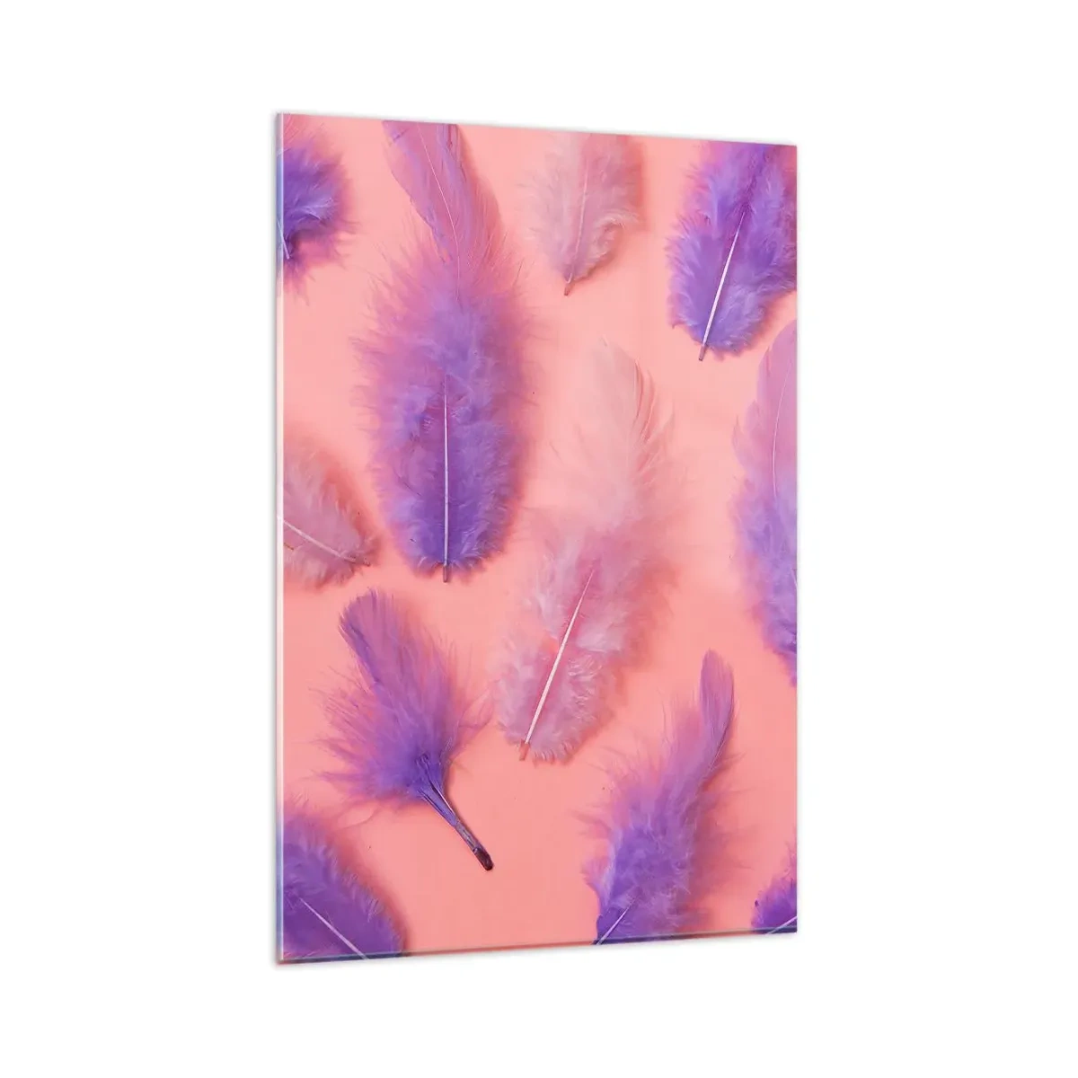 Cuadro sobre vidrio - Impresiones sobre Vidrio - Plumas moradas y rosas sobre un fondo pastel. - 80x120cm - Un pájaro lila del deseo - Decoración de pared moderna para salón y dormitorio ARTTOR
