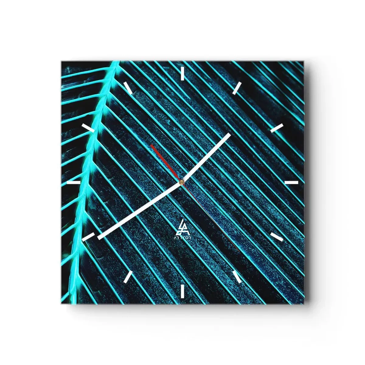 Reloj de pared - Reloj de vidrio - Fotografía macro de una hoja en tonos turquesa y azul marino. - 30x30cm - La textura del verde - Decoración de pared moderna para salón y dormitorio ARTTOR