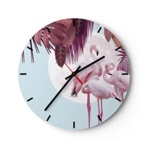 Reloj de pared - Reloj de vidrio - Flamencos con la luna y hojas tropicales como telón de fondo. - 30x30cm - La grandeza de las aves - Decoración de pared moderna para salón, cocina y dormitorio ARTTOR