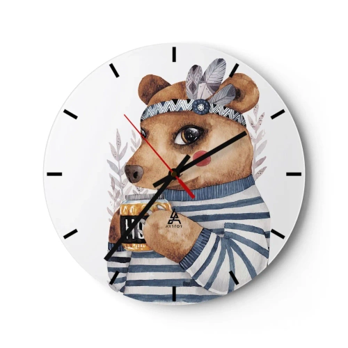 Reloj de pared - Reloj de vidrio - Un osito de peluche con una camiseta de rayas y una taza de té. - 30x30cm - Dulce oso - Decoración de pared moderna para salón, cocina y dormitorio ARTTOR