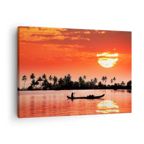 Cuadro sobre lienzo - Impresión de Imagen - Atardecer tropical con un barco y palmeras al fondo - 70x50cm - La paz de los trópicos al atardecer - Decoración de pared moderna para salón y dormitorio ARTTOR