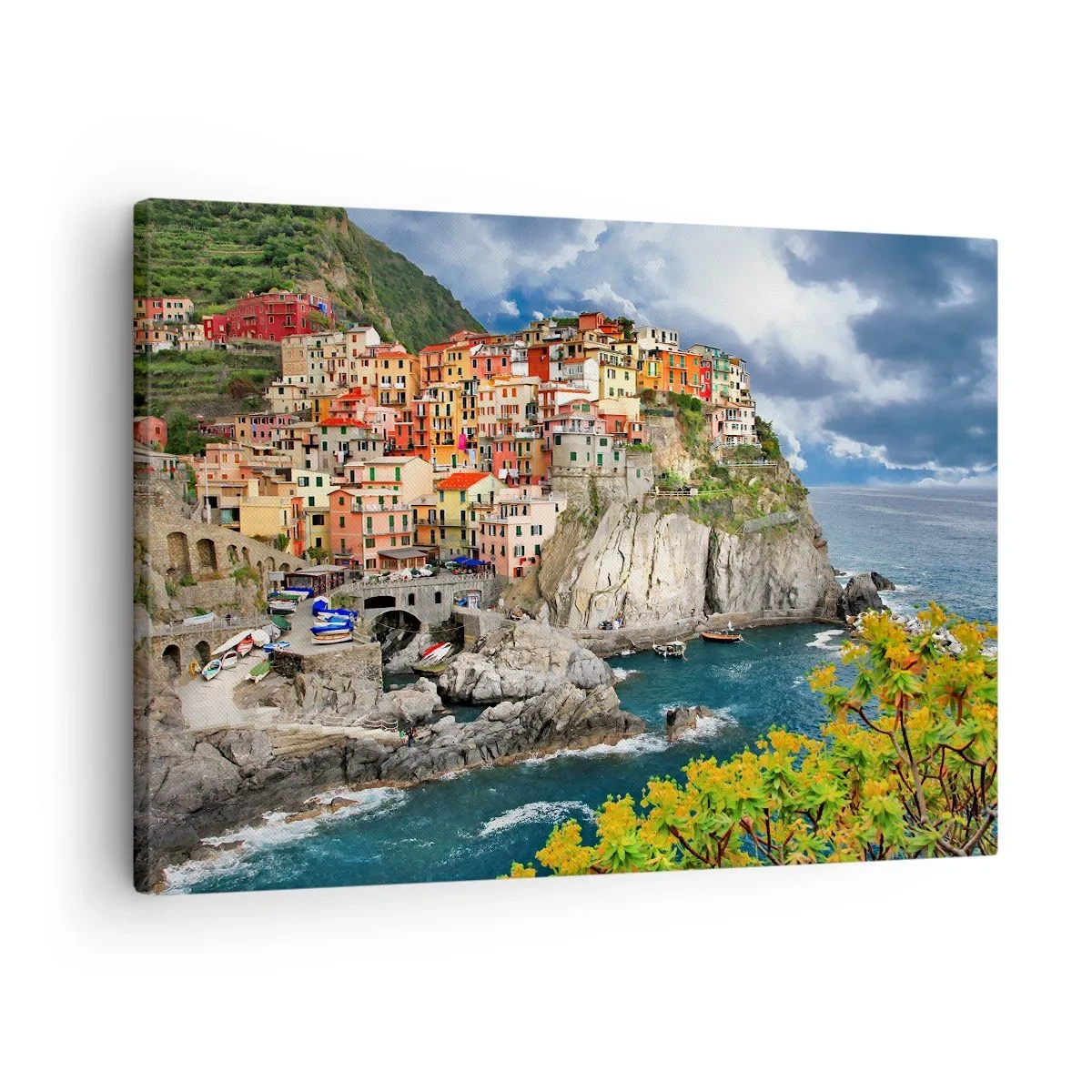Cuadro sobre lienzo - Impresión de Imagen - Casas coloridas en un acantilado con vistas al mar en Cinque Terre - 70x50cm - En el acantilado - Decoración de pared moderna para salón y dormitorio ARTTOR