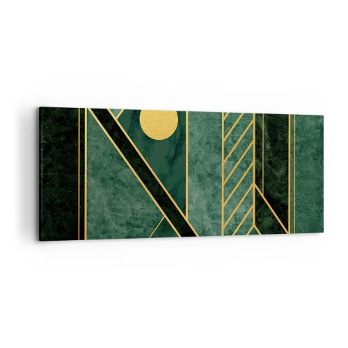 Cuadro sobre lienzo - Impresión de Imagen - Diseño geométrico verde y dorado con un patrón elegante. - 120x50cm - La dinámica del oro y el azul - Decoración de pared moderna para salón y dormitorio ARTTOR