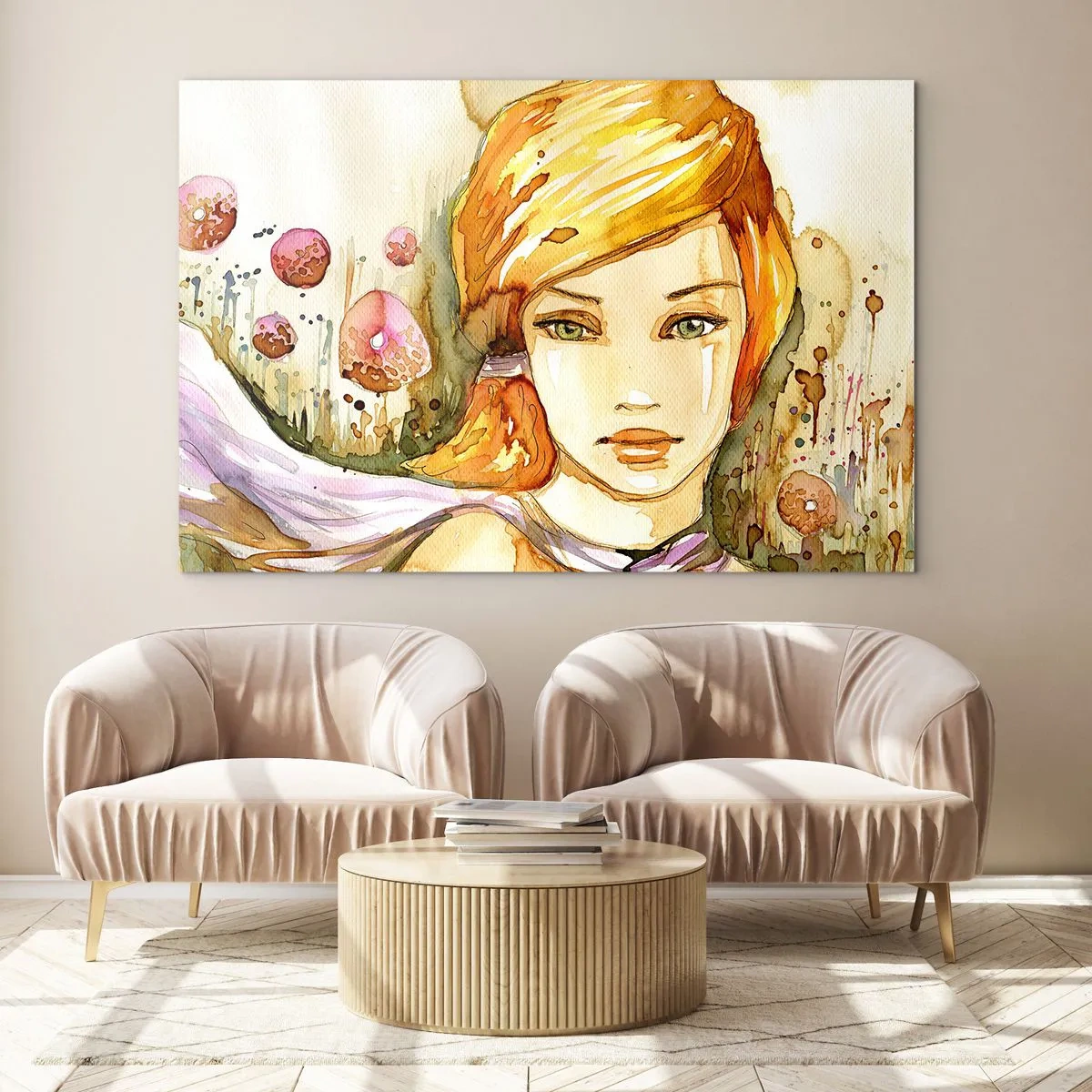 Cuadro sobre vidrio - Impresiones sobre Vidrio - Retrato de una mujer en estilo acuarela con abstracción. - 120x80cm - Una mirada que calma el alma - Decoración de pared moderna para salón y dormitorio ARTTOR