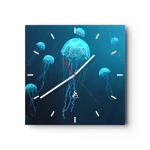 Reloj de pared - Reloj de vidrio - Medusas flotando en las profundidades del océano en tonos azules. - 30x30cm - Danza oceánica - Decoración de pared moderna para salón y dormitorio ARTTOR