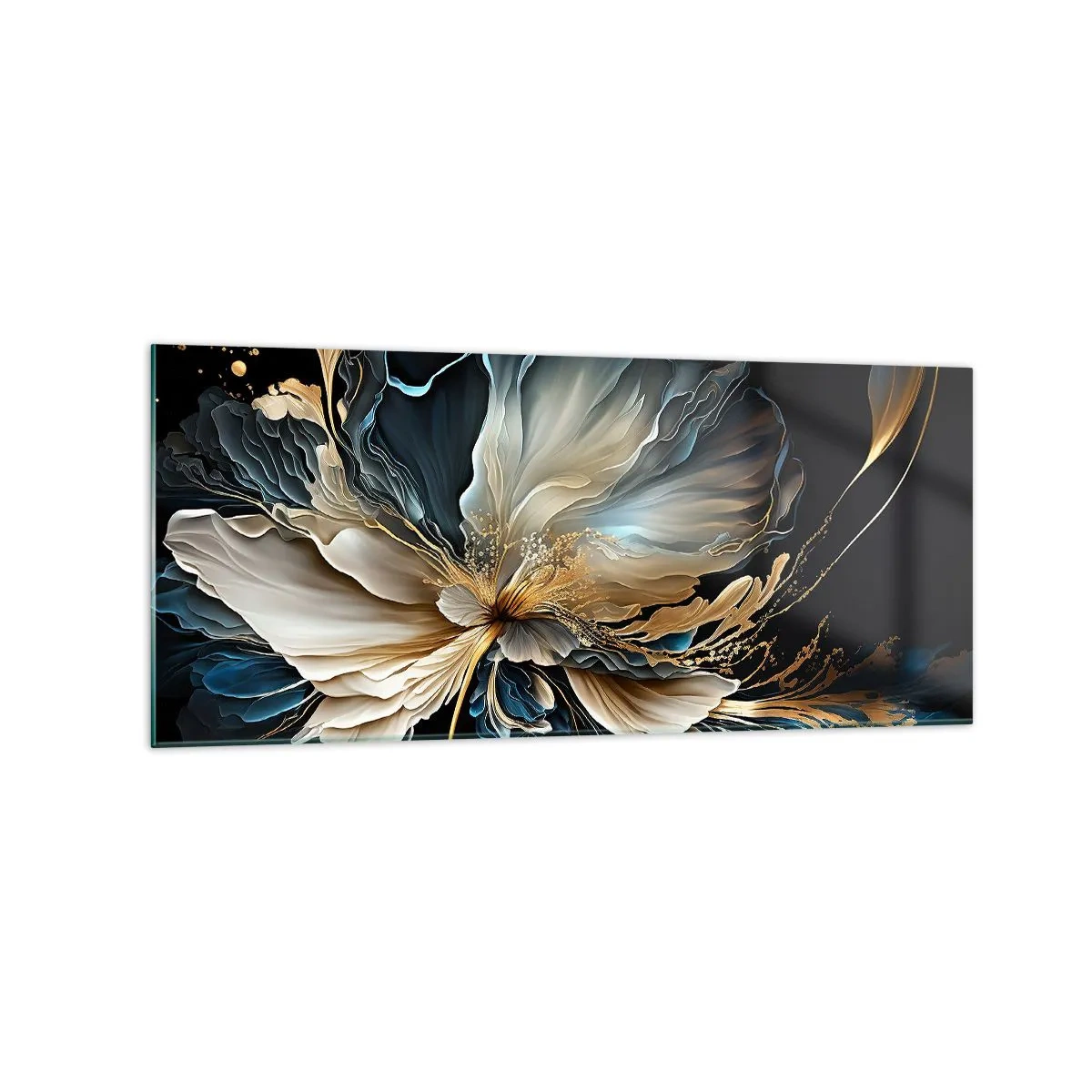 Cuadro sobre vidrio - Impresiones sobre Vidrio - Una flor en tonos dorados y azul marino sobre un fondo negro. - 120x50cm - Flor de helecho de cuento - Decoración de pared moderna para salón y dormitorio ARTTOR