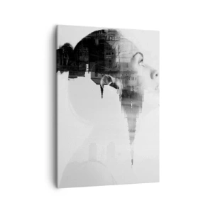 Cuadro sobre lienzo - Impresión de Imagen - Retrato de una mujer con el contorno de una ciudad al fondo, colores blanco y negro. - 50x70cm - A ambos lados del cristal - Decoración de pared moderna para salón y dormitorio ARTTOR