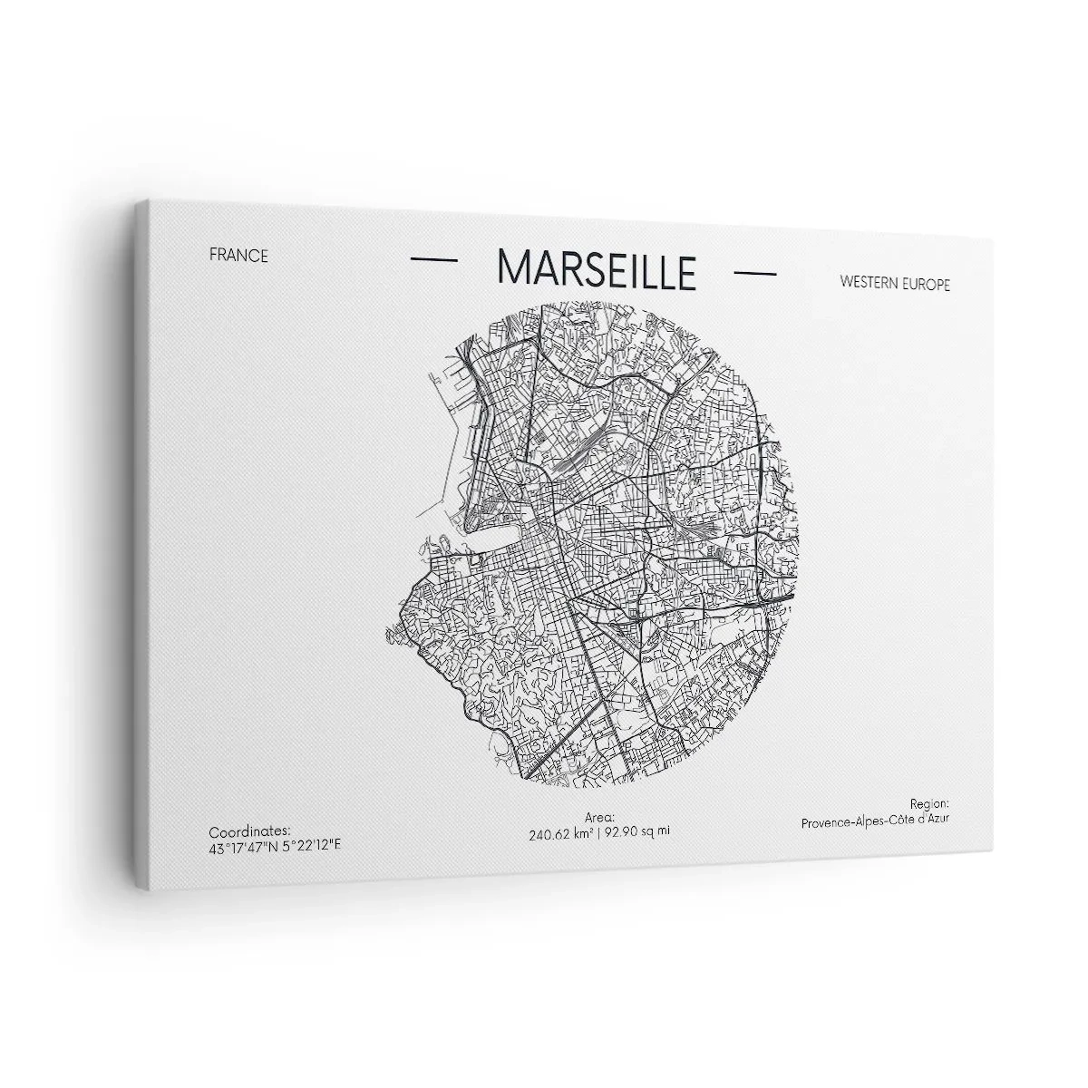 Cuadro sobre lienzo - Impresión de Imagen - Mapa de Marsella en estilo minimalista - 70x50cm - Anatomía de Marsella - Decoración de pared moderna para salón y dormitorio ARTTOR