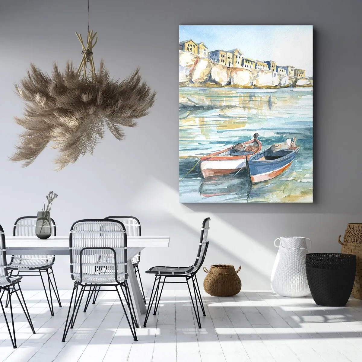 Cuadro sobre lienzo - Impresión de Imagen - Un pintoresco paisaje costero con barcos en el agua. - 50x70cm - Paisaje en azul - Decoración de pared moderna para salón y dormitorio ARTTOR