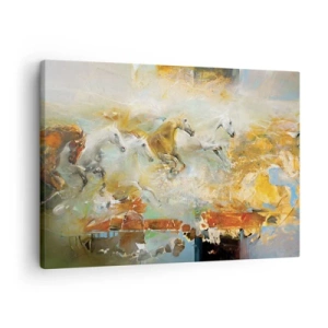 Cuadro sobre lienzo - Impresión de Imagen - Caballos artísticos en un entorno dinámico y colorido. - 70x50cm - Galopando a través de la luz - Decoración de pared moderna para salón y dormitorio ARTTOR