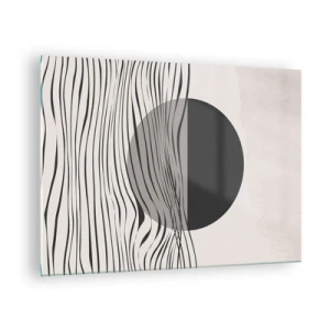 Cuadro sobre vidrio - Impresiones sobre Vidrio - Ondas negras y un círculo sobre un fondo beige - 70x50cm - Media composición - Decoración de pared moderna para salón y dormitorio ARTTOR