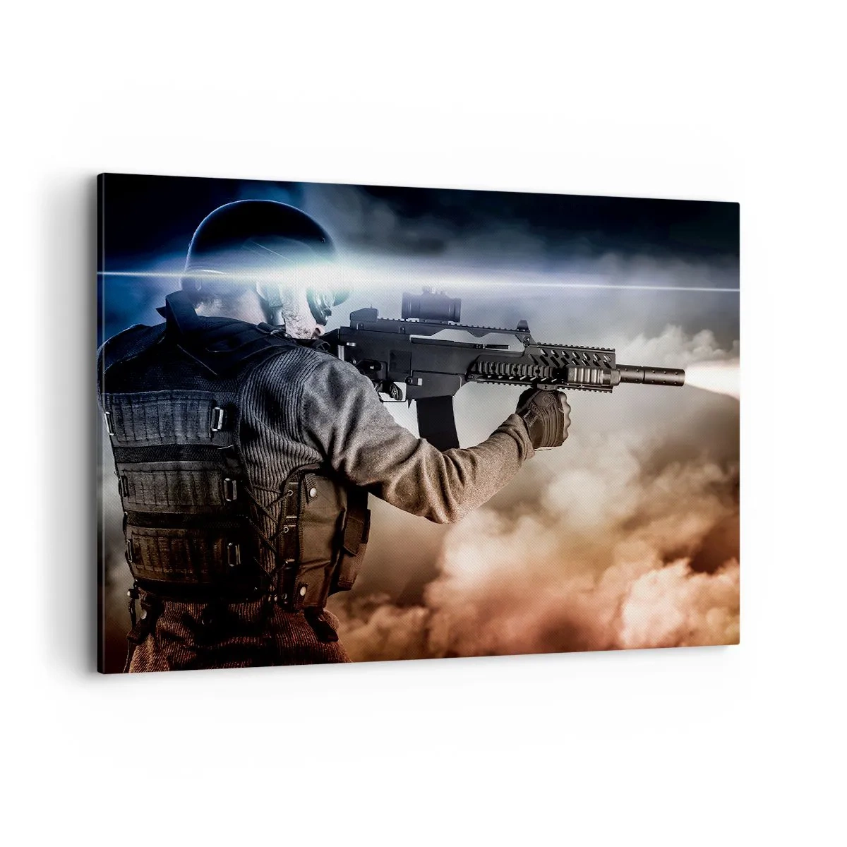 Cuadro sobre lienzo - Impresión de Imagen - Un soldado en acción con un rifle contra un fondo de nubes y luz. - 100x70cm - Luchador - Decoración de pared moderna para salón y dormitorio ARTTOR
