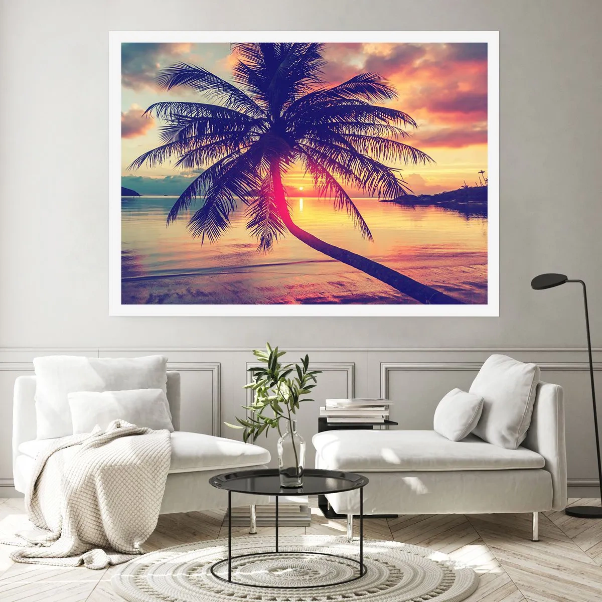 Póster - Puesta de sol con una palmera sobre una orilla tranquila - 100x70cm - Atardecer bajo las palmeras - Decoración de pared moderna para salón y dormitorio ARTTOR
