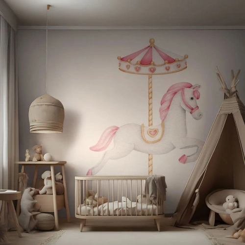 Fotomural Autadhesivo Deluxe Sticker - Partió al galope - Caballo, tiovivo, De niña - 100x70 cm