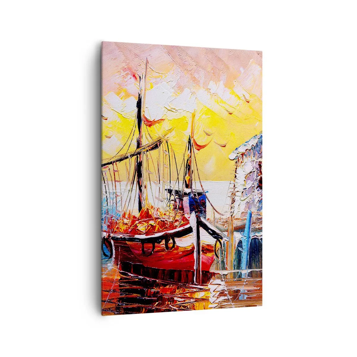 Cuadro sobre lienzo - Impresión de Imagen - Puerto pintoresco al atardecer con barcos de pesca - 80x120cm - Feliz regreso - Decoración de pared moderna para salón y dormitorio ARTTOR