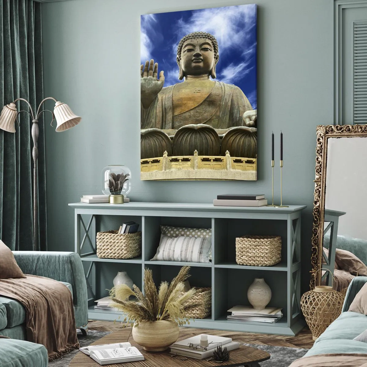 Cuadro sobre lienzo - Impresión de Imagen - Una estatua monumental de Buda contra un cielo azul con nubes. - 50x70cm - Vivir sin miedo - Decoración de pared moderna para salón y dormitorio ARTTOR