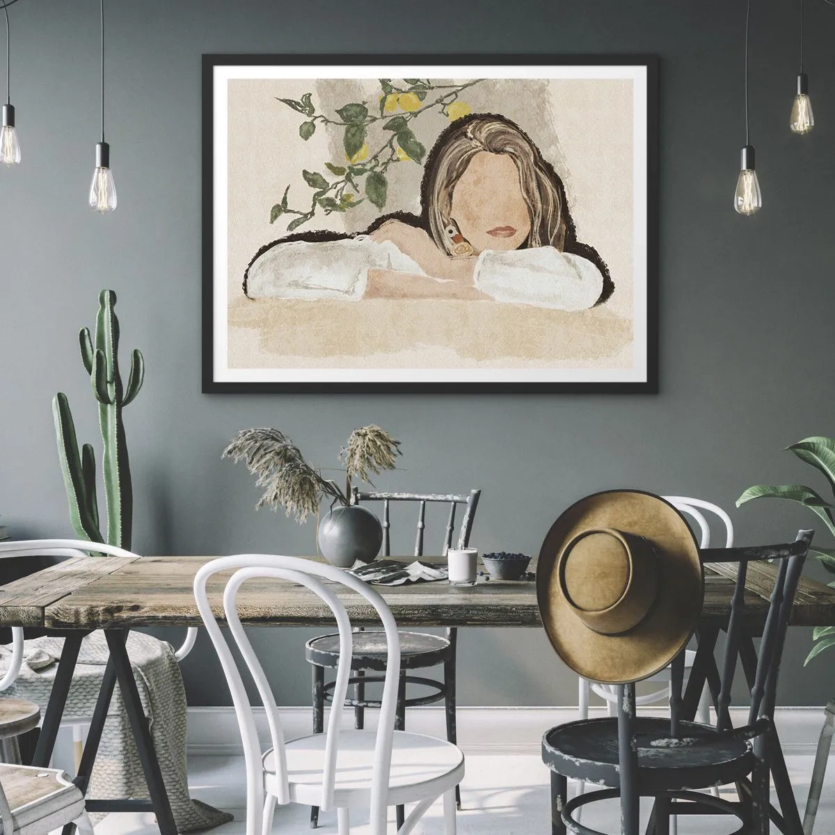 Póster en marco negro - La figura de una mujer sobre el fondo de un limonero. - 100x70cm - La belleza del sur - Decoración de pared moderna para salón y dormitorio ARTTOR