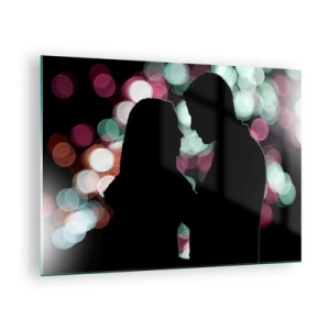 Cuadro sobre vidrio - Impresiones sobre Vidrio - Siluetas de una pareja sobre un fondo de luces bokeh de colores - 70x50cm - ¡Sí! - Decoración de pared moderna para salón y dormitorio ARTTOR