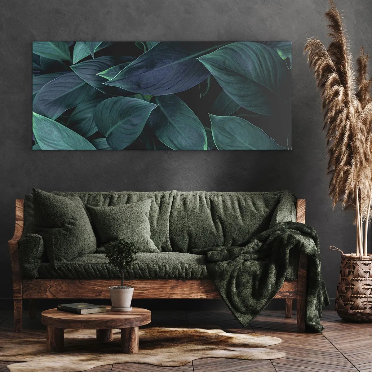 Cuadro sobre lienzo - Impresión de Imagen - Primer plano de hojas verdes con un fondo oscuro - 160x50cm - El propio verde - Decoración de pared moderna para salón y dormitorio ARTTOR
