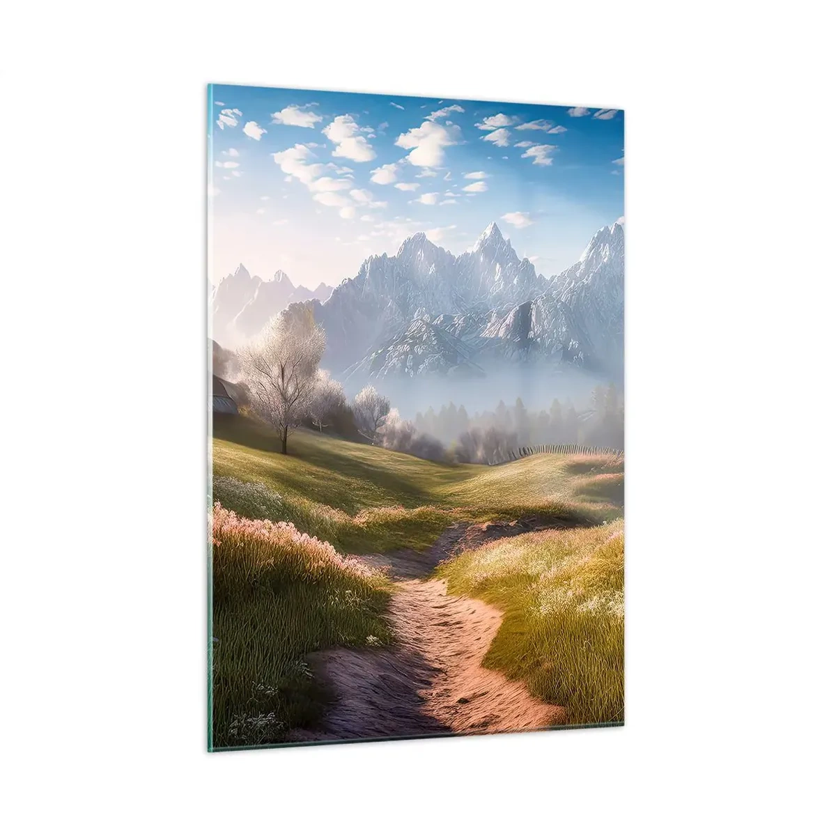 Cuadro sobre vidrio - Impresiones sobre Vidrio - Paisaje primaveral con un valle, flores y montañas al fondo por la mañana. - 50x70cm - Valle idílico - Decoración de pared moderna para salón y dormitorio ARTTOR