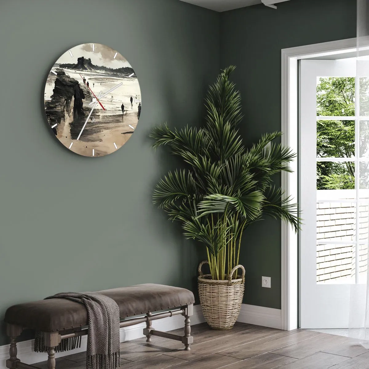Reloj de pared - Reloj de vidrio - Figuras caminando por la playa con acantilados al fondo - 30x30cm - Un sueño evocado - Decoración de pared moderna para salón, cocina y dormitorio ARTTOR