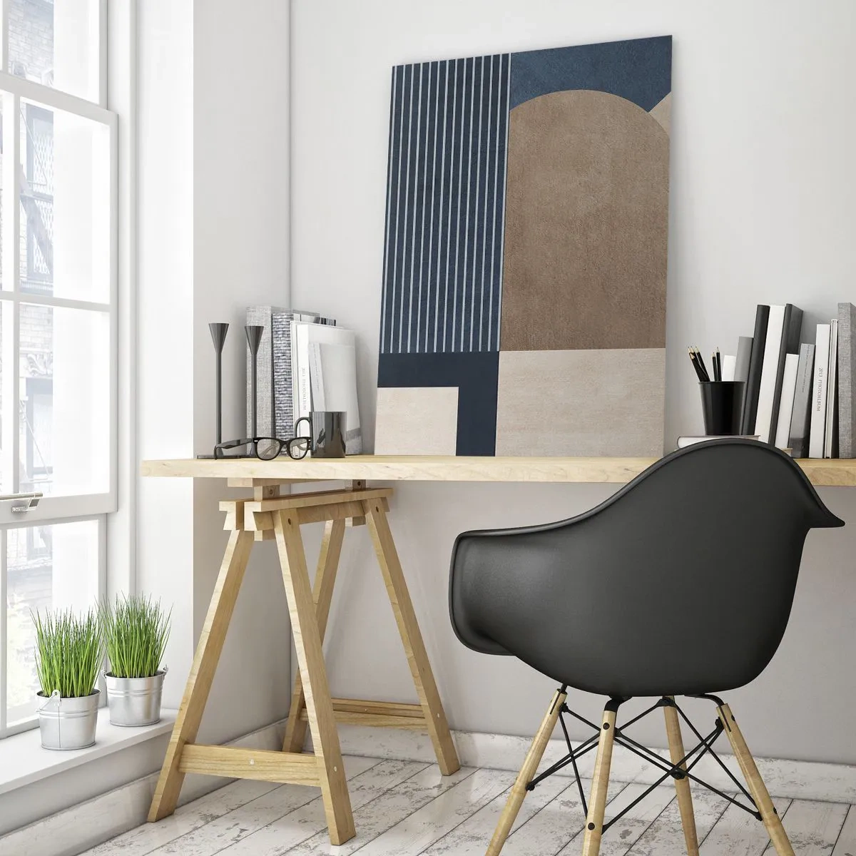 Cuadro sobre vidrio - Impresiones sobre Vidrio - Figuras geométricas en tonos beige y azul marino con líneas. - 80x120cm - Composición de sencillez y redondez - Decoración de pared moderna para salón y dormitorio ARTTOR