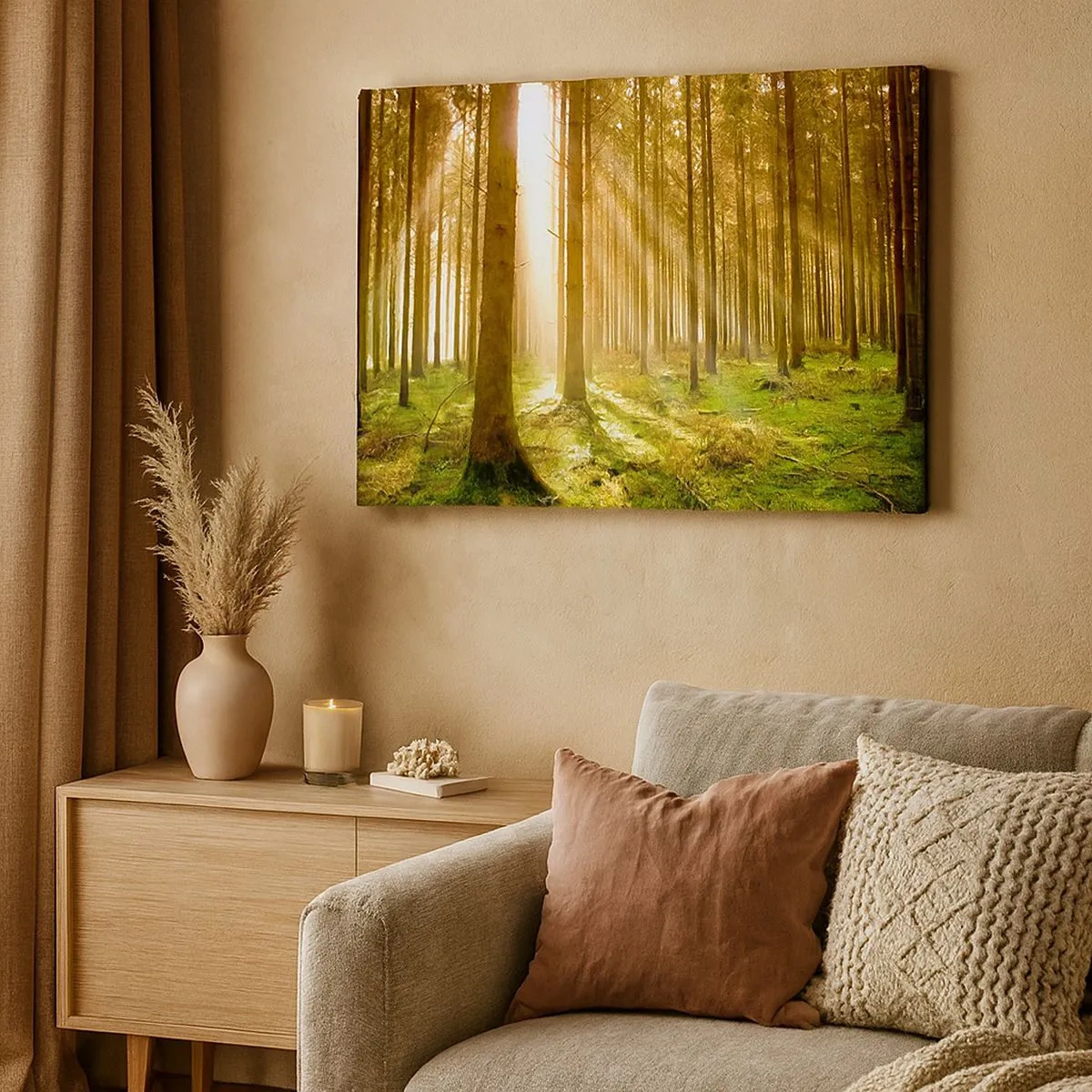 Cuadro sobre lienzo - Impresión de Imagen - Bosque de coníferas con rayos de sol brillando a través de los árboles. - 70x50cm - Los elfos se aproximan - Decoración de pared moderna para salón y dormitorio ARTTOR