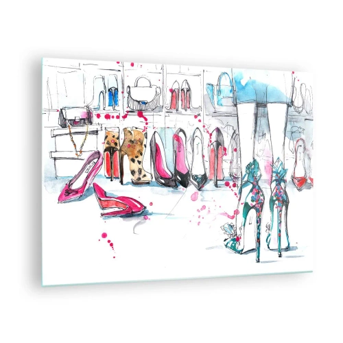 Cuadro sobre vidrio - Impresiones sobre Vidrio - Ilustración de elegantes tacones altos en una tienda. - 70x50cm - Ábrete, sésamo - Decoración de pared moderna para salón y dormitorio ARTTOR