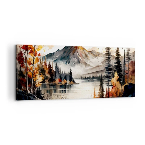 Cuadro sobre lienzo - Impresión de Imagen - Paisaje otoñal de montaña con lago y árboles en acuarela - 120x50cm - Otoño dorado en las montañas - Decoración de pared moderna para salón y dormitorio ARTTOR