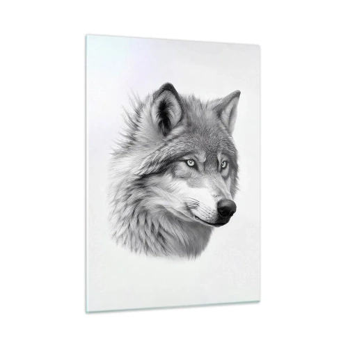 Cuadro sobre vidrio - Impresiones sobre Vidrio - Retrato en blanco y negro de un lobo con una mirada penetrante. - 50x70cm - Alfa - sin duda - Decoración de pared moderna para salón y dormitorio ARTTOR