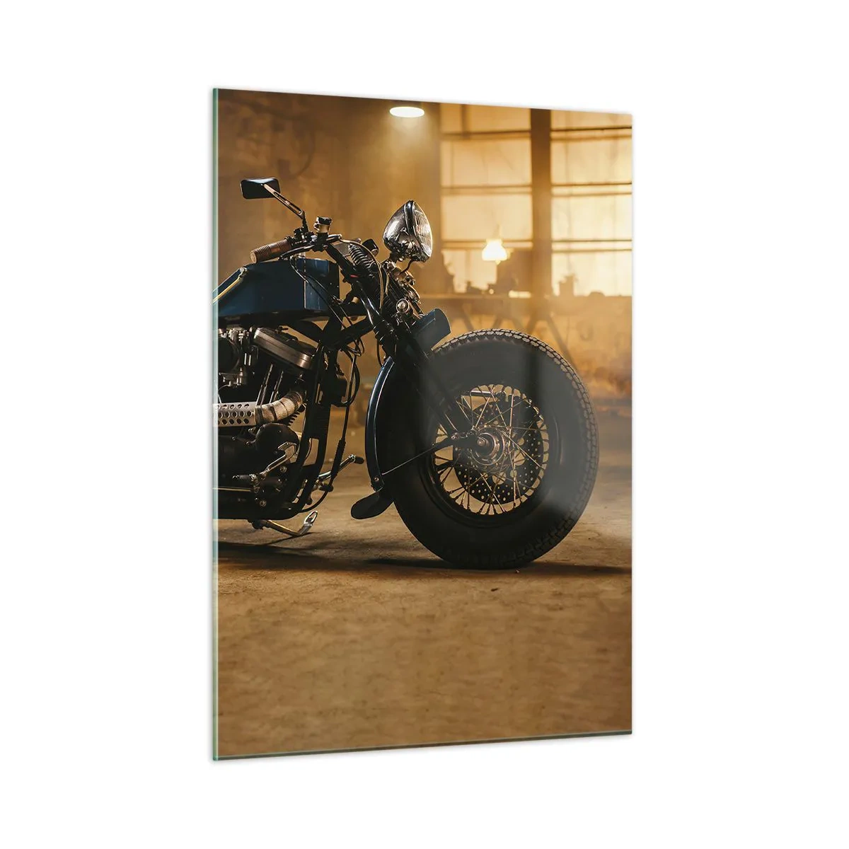 Cuadro sobre vidrio - Impresiones sobre Vidrio - Toma atmosférica de una motocicleta clásica en un garaje. - 50x70cm - Puedo hacer cualquier cosa - Decoración de pared moderna para salón y dormitorio ARTTOR