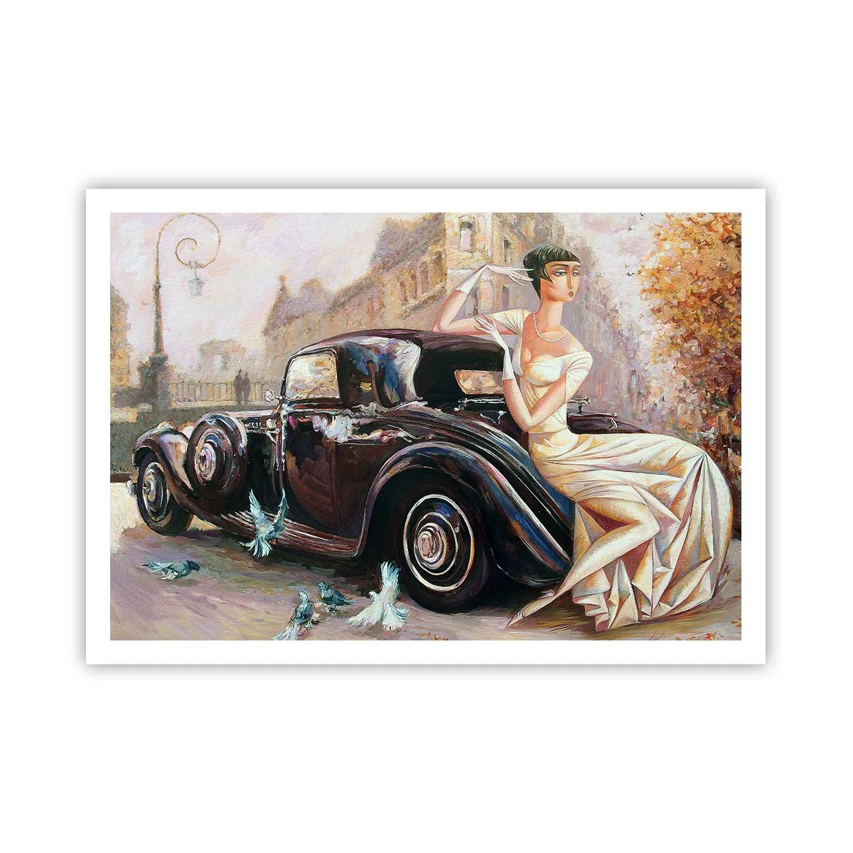 Póster - Mujer retro junto a un coche clásico - 100x70cm - Elegancia retro - Decoración de pared moderna para salón y dormitorio ARTTOR