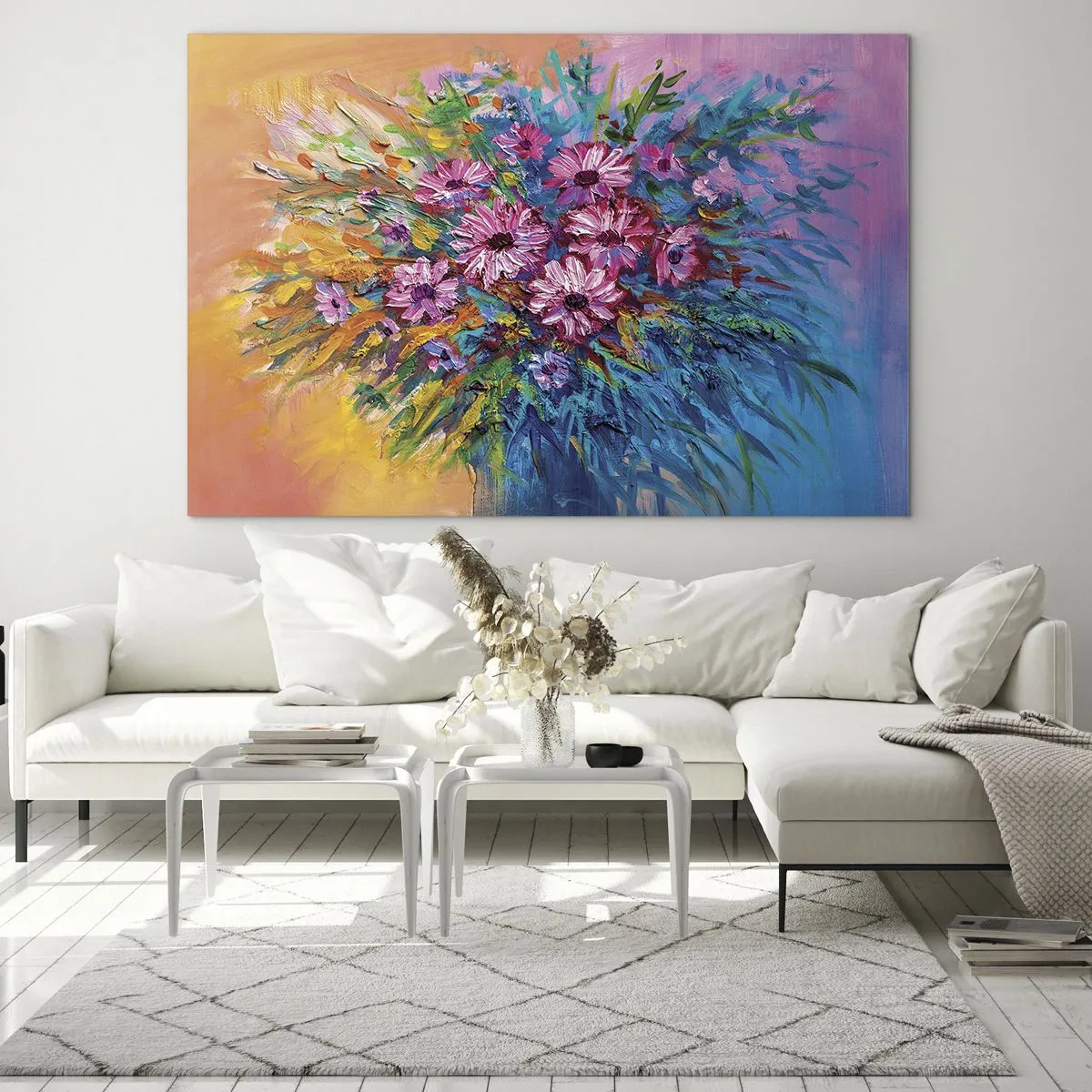 Cuadro sobre vidrio - Impresiones sobre Vidrio - Un ramo de flores rosas en una composición artística y colorida. - 100x70cm - La energía de la vida - Decoración de pared moderna para salón y dormitorio ARTTOR